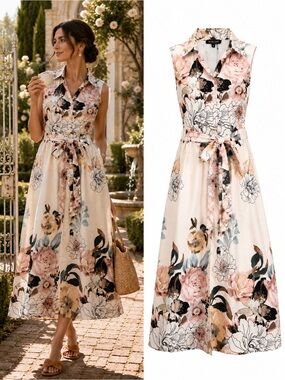 Magari Made in Italy Floral Midi Shirt Dress NWT 100% Cotton Vacation Size Small